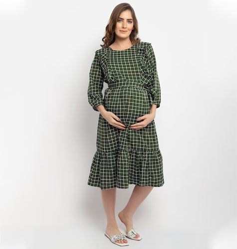 Olive Green Checked Crepe Maternity Midi Dress